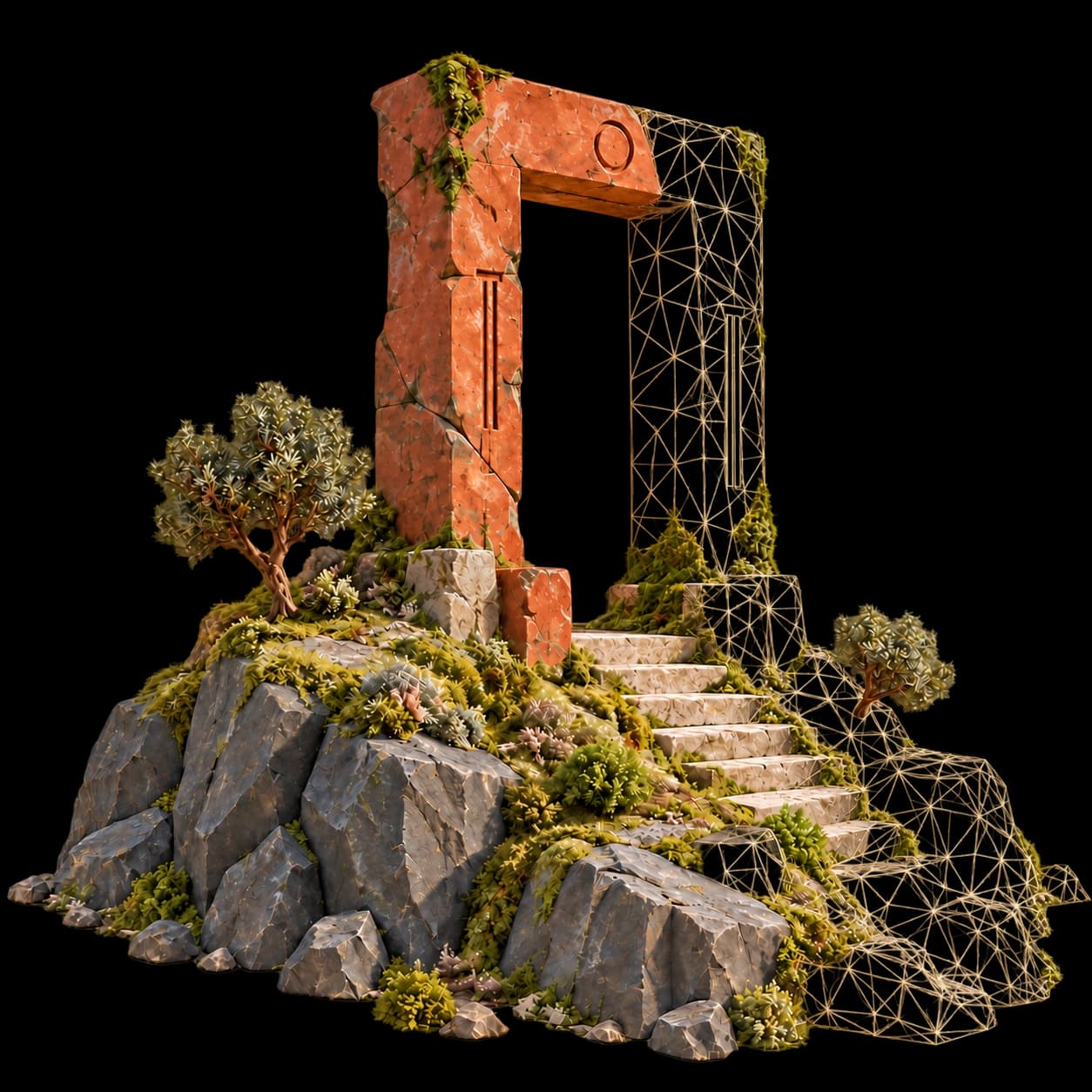 A terracotta stone gateway on a mossy rock island, half textured and half wireframe