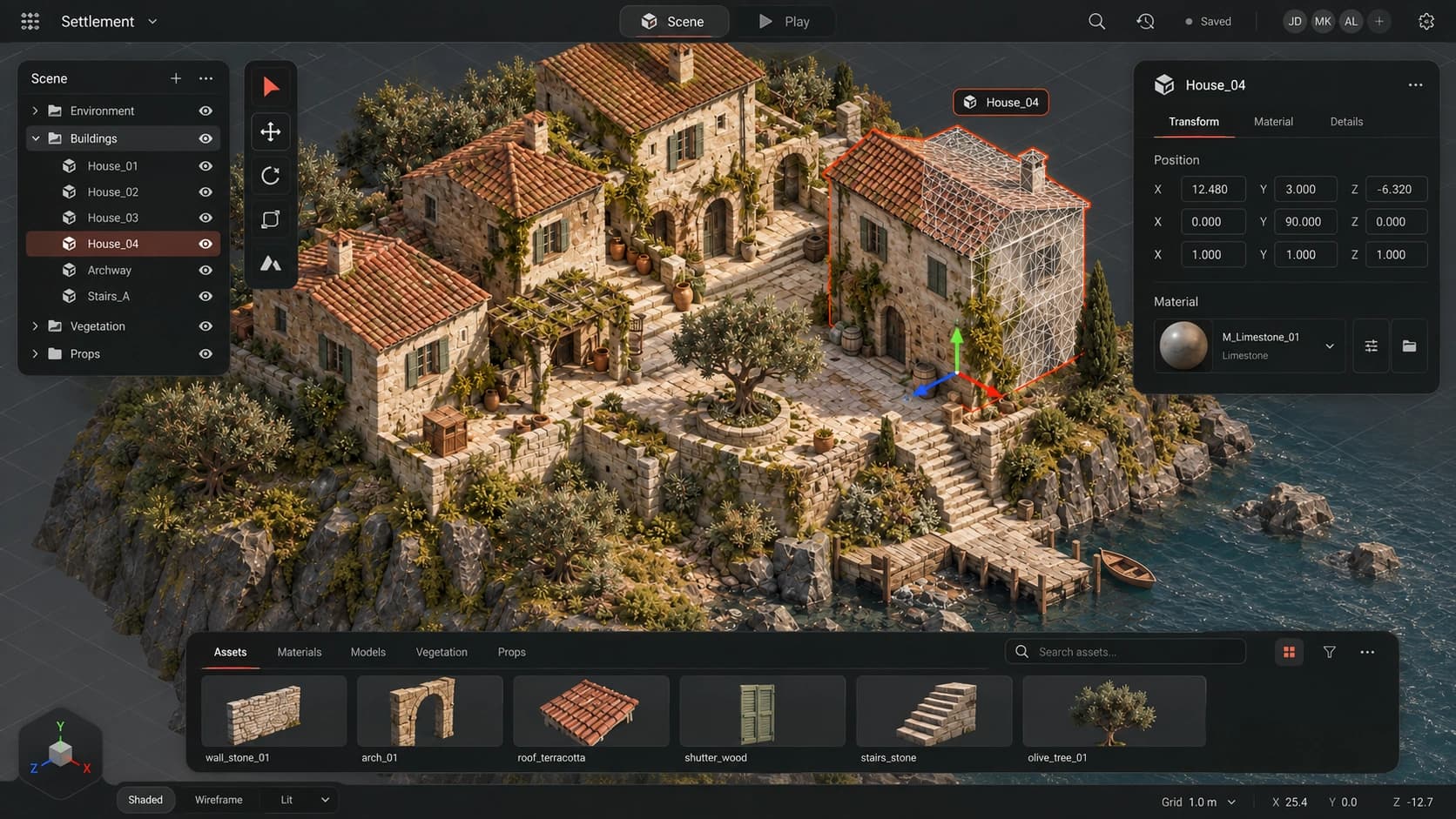 Concept of the IDX canvas: a coastal settlement scene with a selected house, scene tree and asset shelf